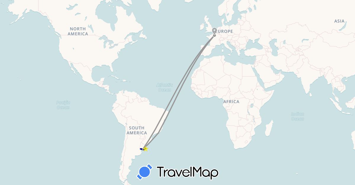 TravelMap itinerary: driving, plane in Brazil, France, Uruguay (Europe, South America)