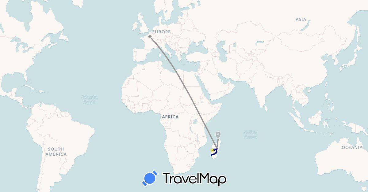 TravelMap itinerary: driving, plane, taxi brousse in France, Madagascar (Africa, Europe)